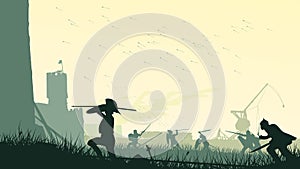 Vector illustration of assault of medieval castle. photo
