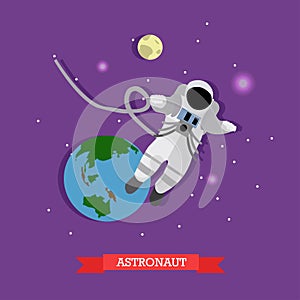 Vector illustration of astronaut in outer space, Earth and Moon