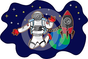 Vector illustration of an astronaut with a rocket flying in space far from the earth.