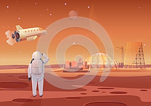 Vector illustration of astronaut standing at Mars colony and looking at flying spaceship.