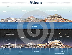 Vector illustration of Athens city skyline at day and night