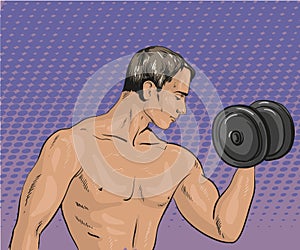 Vector illustration of athletic man with dumbbell, pop art style.