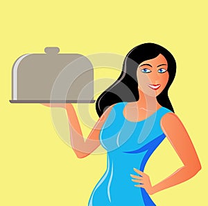 Vector illustration of an attractive female waitress with a plate covered with a tray
