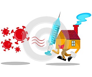 Vector illustration of attractive house character design that strikes back covid-19 with injection