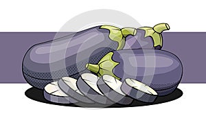 Vector illustration of aubergines with slices on a purple stripe.