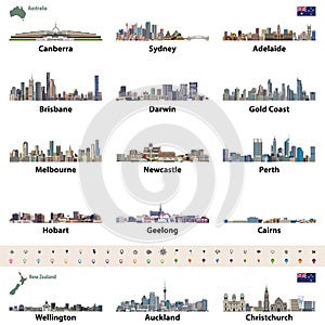 Vector illustration of Australian and New Zealand city skylines. Map and flag of Australia and New Zealand.