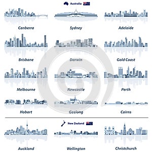 Vector illustration of Australian and New Zealand skylines with water reflections in tints of blue color palette.