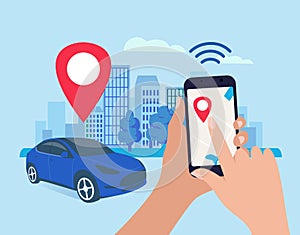 Vector illustration of autonomous wireless remote connected car sharing service controlled via smartphone app