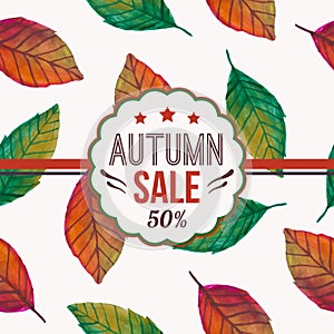 Vector illustration with autumn leaves pattern and typography text