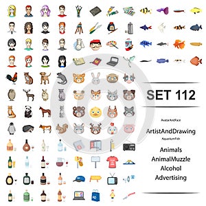 Vector illustration of avatar, face, artist, drawing, aquarium, fish animal muzzle alcohol advertising icon set.