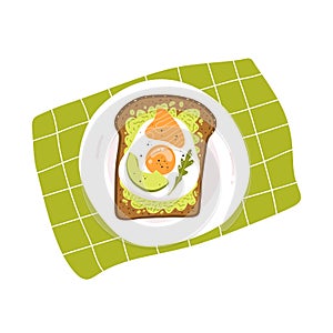Vector illustration of avocado toast with fried egg, salmon and sesame seeds. Vegan sandwich. Popular breakfast.
