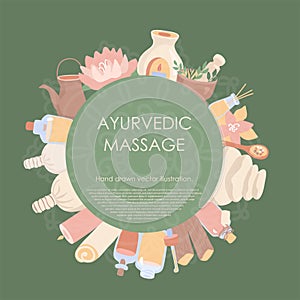 Vector illustration Ayurvedic massage.    Shirodhara treatments equipment in the circle composition with a label for your text on