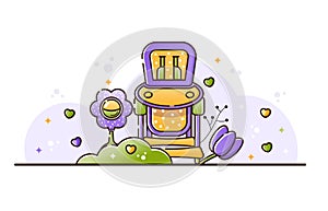 Vector illustration with baby accessories. Highchair for children with a table for plates and bottles. Rattle toy. Birth of a boy