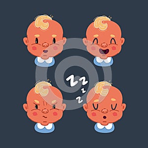 Vector illustration of baby boy face set on dark background. Sleep, laugh, wonder, angry expression