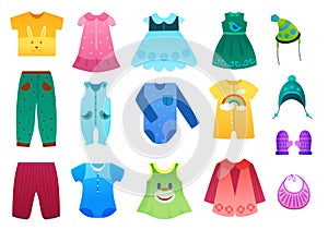 Vector illustration of baby and children kids clothes collection. Cartoon vector illustration.