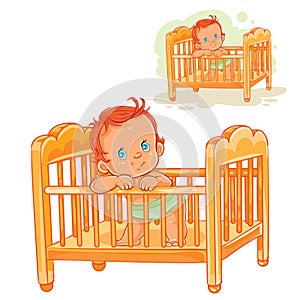 Vector illustration baby is in his cot.