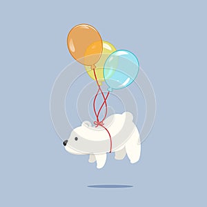 Vector illustration of baby polar bear flying with balloons tied to its body