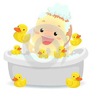 Vector Illustration of Baby taking a bath with rubber ducks