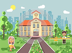 Vector illustration back to school character schoolgirl schoolboy pupil sitting on grass, exterior schoolyard, girl