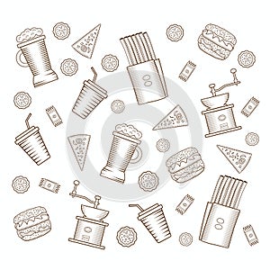 Vector illustration of a background with confectionery, coffee grinder and glasses. Pattern for cafes and eateries. photo