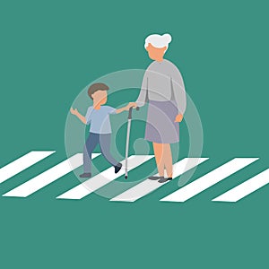 Vector illustration background of polite boy help grandmother cross street. Well-mannered child assistance to the aged woman. Kid