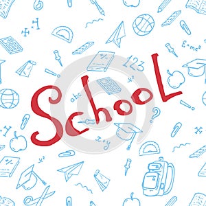 Seamless pattern on a school theme. Vector illustration background on a school theme.  Set textbook, pencil, apple, notebook, pen,