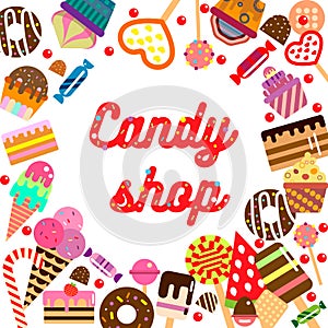 Vector illustration background of sweet candy, sweetmeats, lollipops. Frame made of sweets