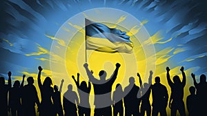 vector illustration, backview group of people, sihouettes in black color, waiste up, holding arms up with the flag of ukraine photo