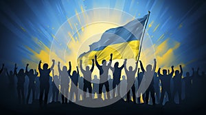 vector illustration, backview group of people, sihouettes in black color, waiste up, holding arms up with the flag of ukraine photo