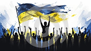 vector illustration, backview group of people, sihouettes in black color, waiste up, holding arms up with the flag of ukraine photo