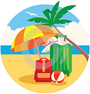 Vector illustration of baggage on the summer beach under a palm