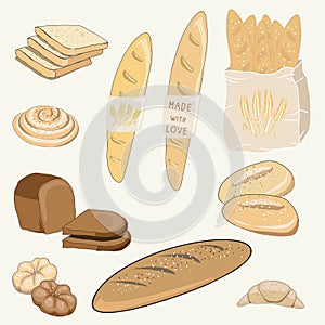Vector illustration of bakery products like bread, baquette, buns and croissant on yellow background