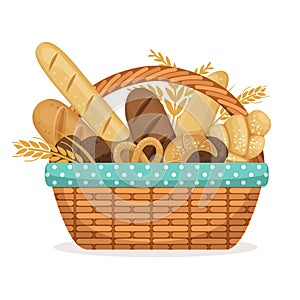 Vector illustration for bakery shop. Basket with wheat and fresh bread