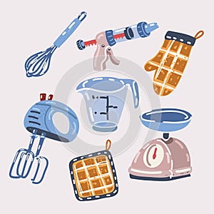 Vector illustration of Baking tools whisk for whipping, pastry syringe, oven mitt, mixer, measuring cup, kitchen scales