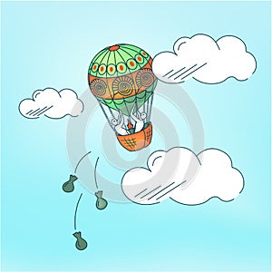 Vector illustration of balloon with people in a panic, getting rid of excess ballast.