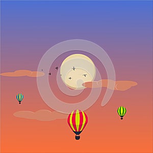 Vector illustration of balloons on the background of the sunset and the light of the moon flying in the clouds