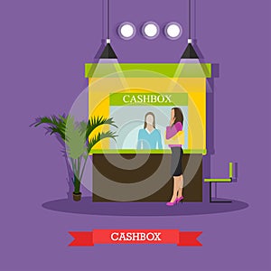 Vector illustration of bank cashier, cashbox, customer standing near it