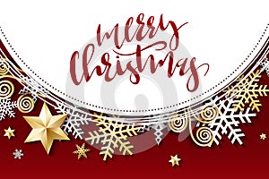 Vector illustration of banner desing with hand lettering label - merry christmas - with stars, sparkles, snowflakes and