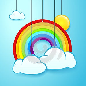 Vector illustration banner of hanging rainbow, sun and clouds