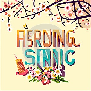 Vector illustration of a banner with the inscription Hello Spring. Spring background. AI generated