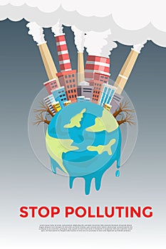 vector illustration banner poster environment city with highly air polluted from a factory chimney, and melted earth. global