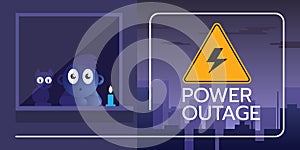 Vector illustration of the banner of a Power outage with a warning sign is on the background of the night city.