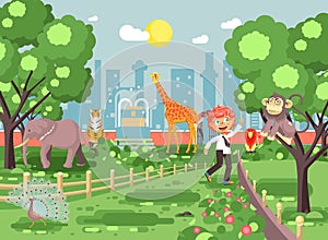 Vector illustration banner for site with schoolchild on walk, school zoo excursion zoological garden, boy redhead teases