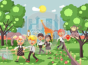 Vector illustration or banner for site with schoolchildren, classmates on walk, school zoo excursion zoological garden