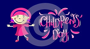 Vector illustration of a banner for the World Children\'s Day holiday. A girl and a lettering on a blue background