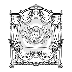 Vector illustration of baroque bed with baldachin and moon