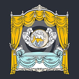 Vector illustration of baroque bed with baldachin and moon