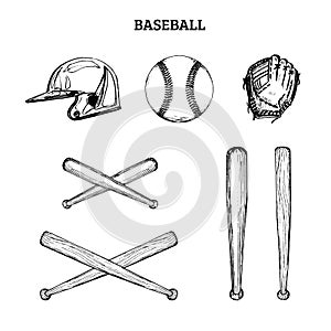 Vector illustration of baseball equipment. Set of drawn sporting goods on a white background.