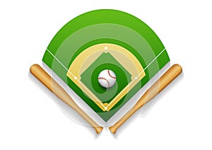 Vector illustration of Baseball field with leather ball and wooden bats