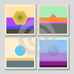 Vector illustration. Bauhaus. Mid century modern graphic. 70s retro funky graphic. Grunge texture. Minimalist landscape